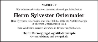 Traueranzeige Sylvester Ostermaier