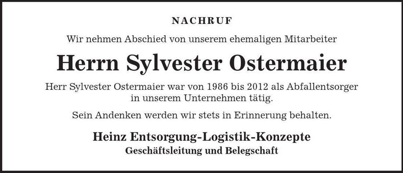 Traueranzeige Sylvester Ostermaier