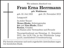 Traueranzeige Erna Herrmann