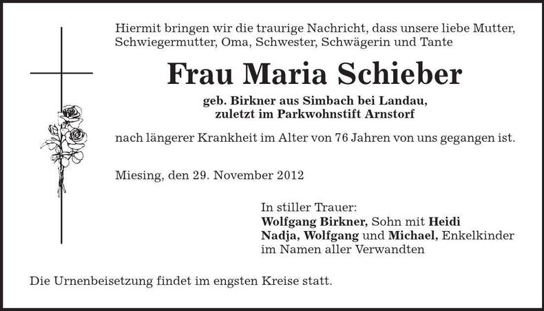 Traueranzeige Maria Schieber