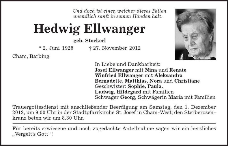Traueranzeige Hedwig Ellwanger