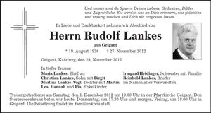 Traueranzeige Rudolf Lankes