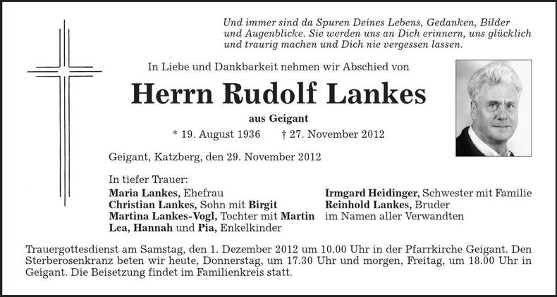 Traueranzeige Rudolf Lankes
