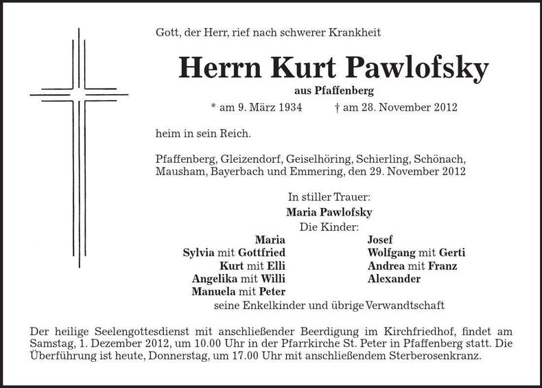Traueranzeige Kurt Pawlofsky