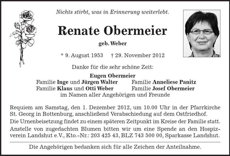 Traueranzeige Renate Obermeier