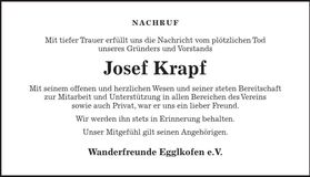 Traueranzeige Josef Krapf