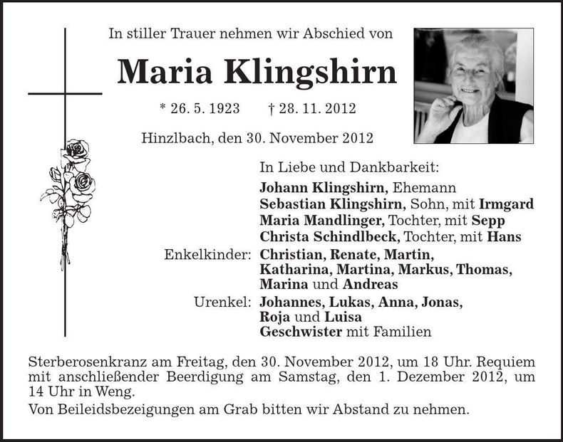 Traueranzeige Maria Klingshirn