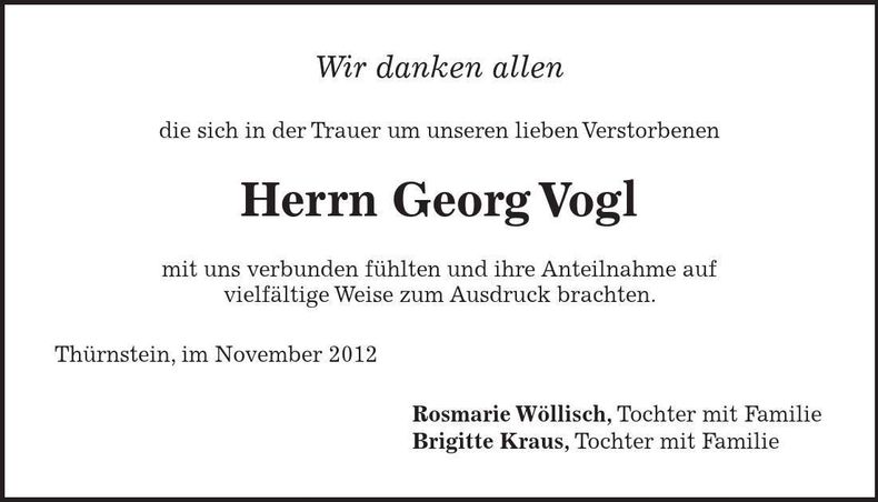 Traueranzeige Georg Vogl