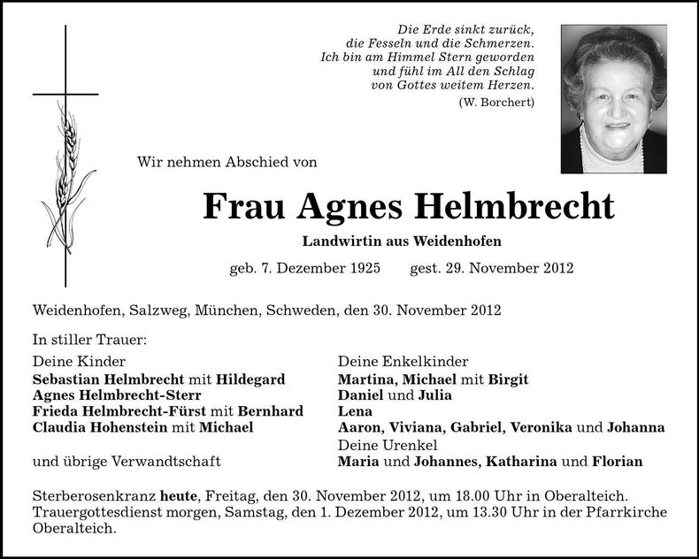 Traueranzeige Agnes Helmbrecht