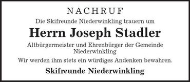 Traueranzeige Joseph Stadler