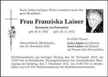 Traueranzeige Franziska Lainerq