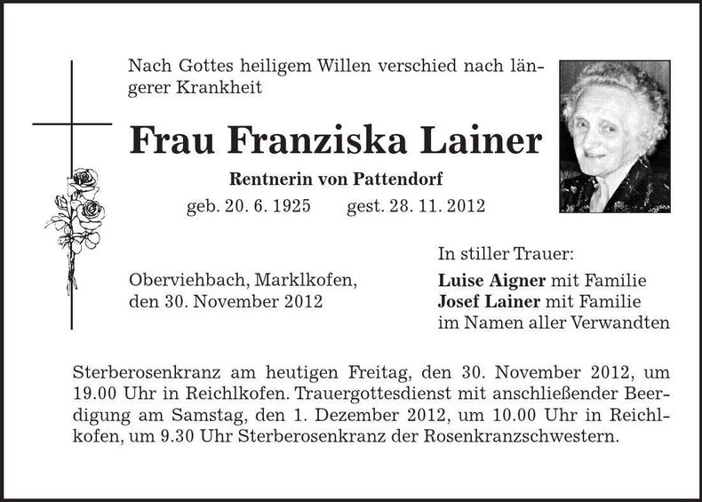 Traueranzeige Franziska Lainerq