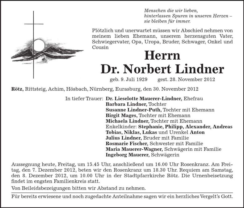 Traueranzeige Norbert Lindner