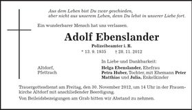 Traueranzeige Adolf Ebenslander