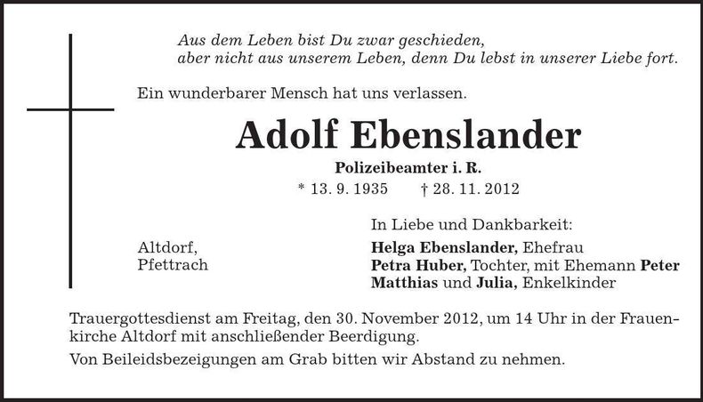 Traueranzeige Adolf Ebenslander