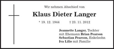 Traueranzeige Klaus Dieter Langer