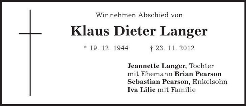 Traueranzeige Klaus Dieter Langer