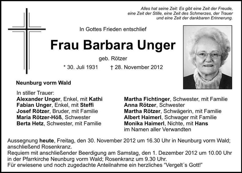 Traueranzeige Barbara Unger