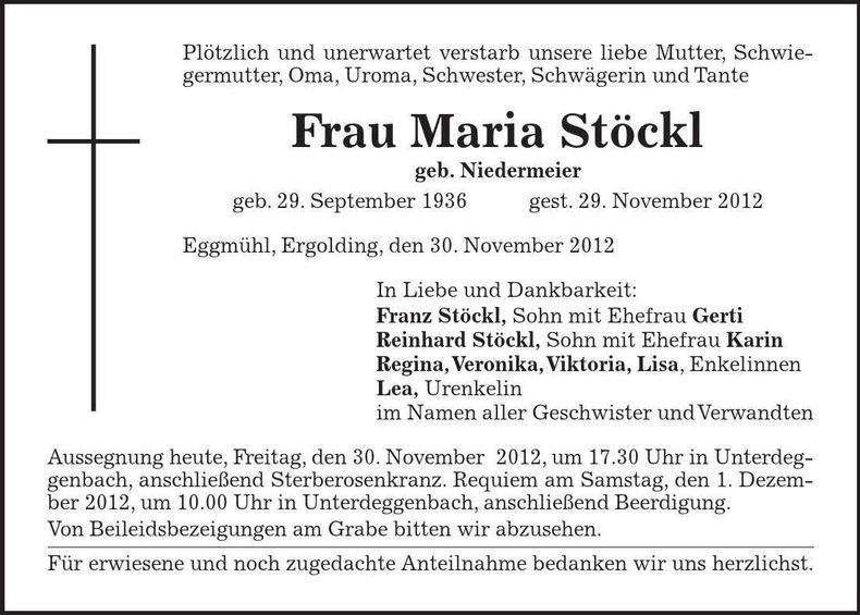 Traueranzeige Maria Stöckl