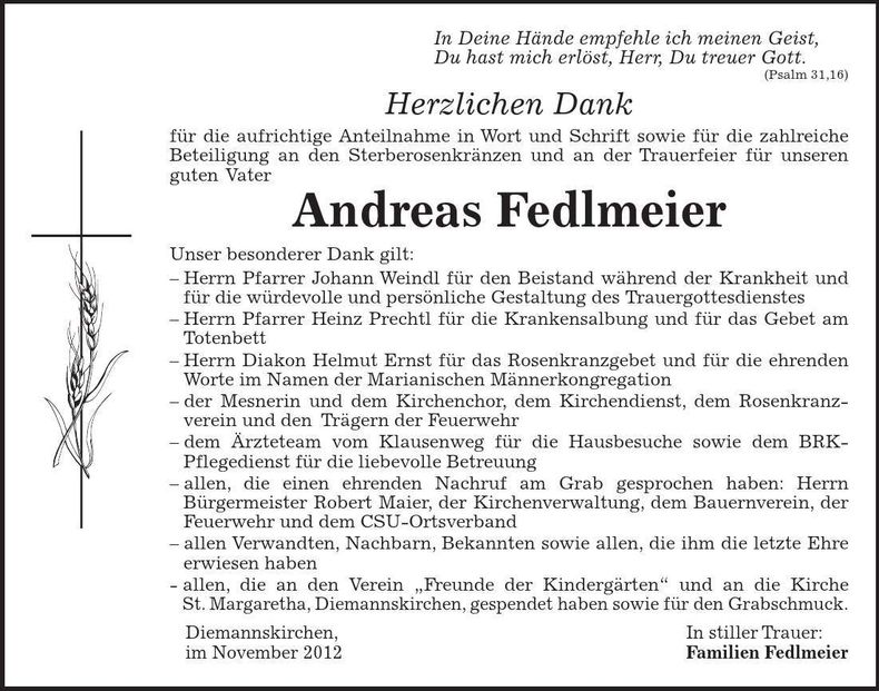 Traueranzeige Andreas Fedlmeier