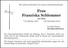 Traueranzeige Franziska Schlemmer