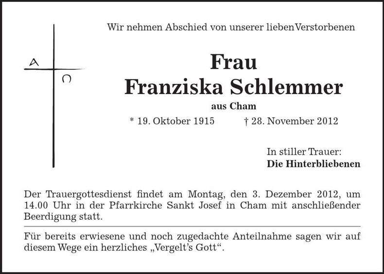 Traueranzeige Franziska Schlemmer