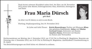 Traueranzeige Maria Dürsch
