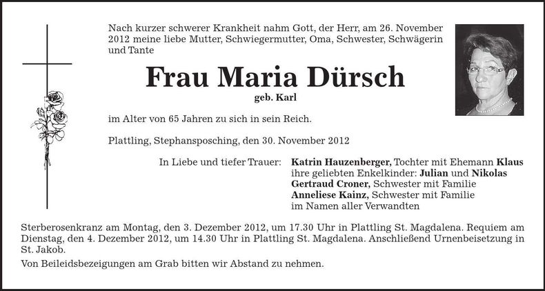 Traueranzeige Maria Dürsch