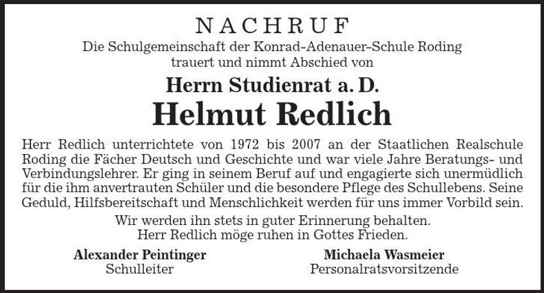 Traueranzeige Helmut Redlich