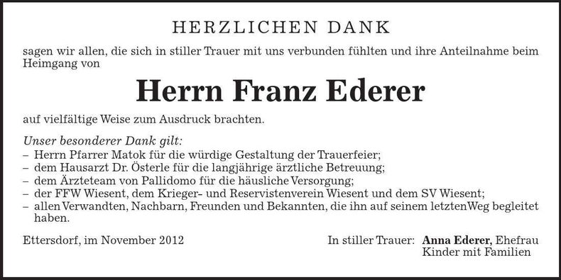 Traueranzeige Franz Ederer