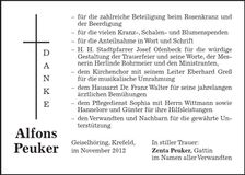 Traueranzeige Alfons Peuker