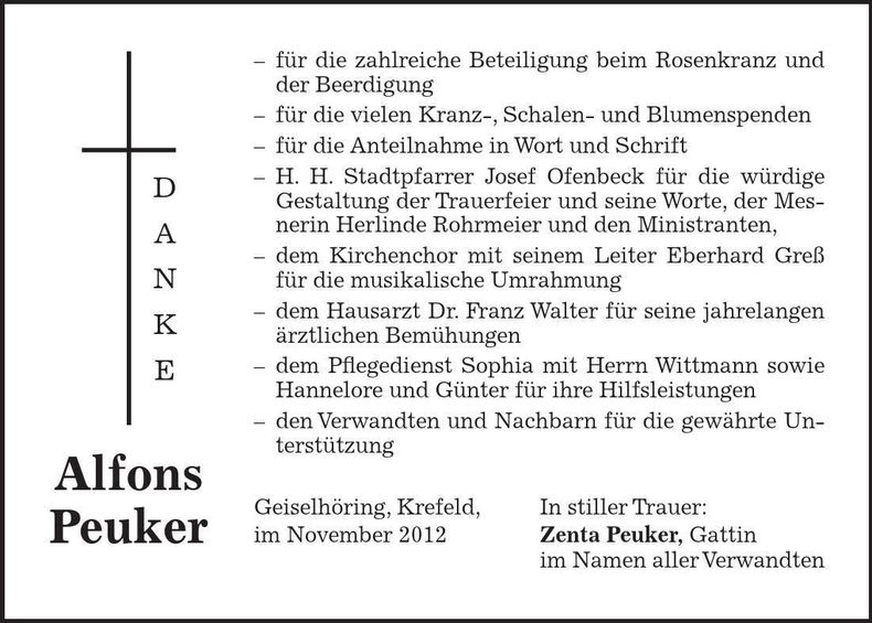 Traueranzeige Alfons Peuker
