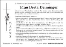 Traueranzeige Berta Deiminger