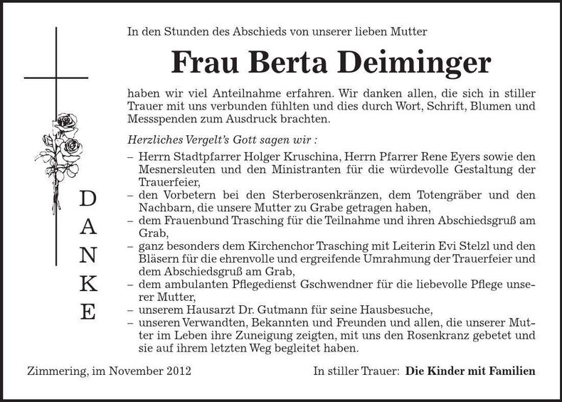 Traueranzeige Berta Deiminger