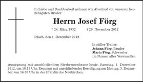 Traueranzeige Josef Förg