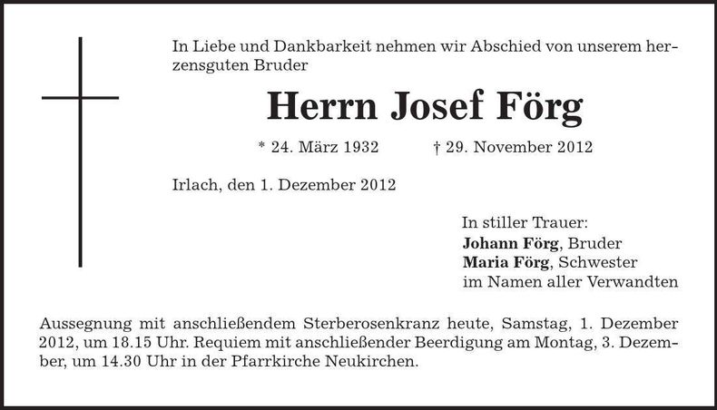 Traueranzeige Josef Förg