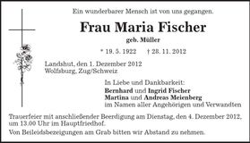 Traueranzeige Maria Fischer