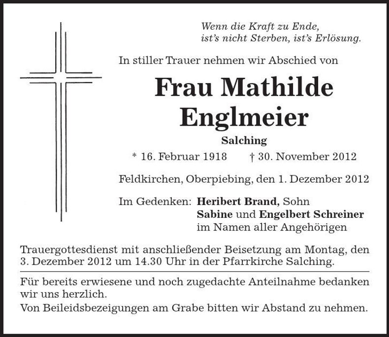 Traueranzeige Mathilde Englmeier