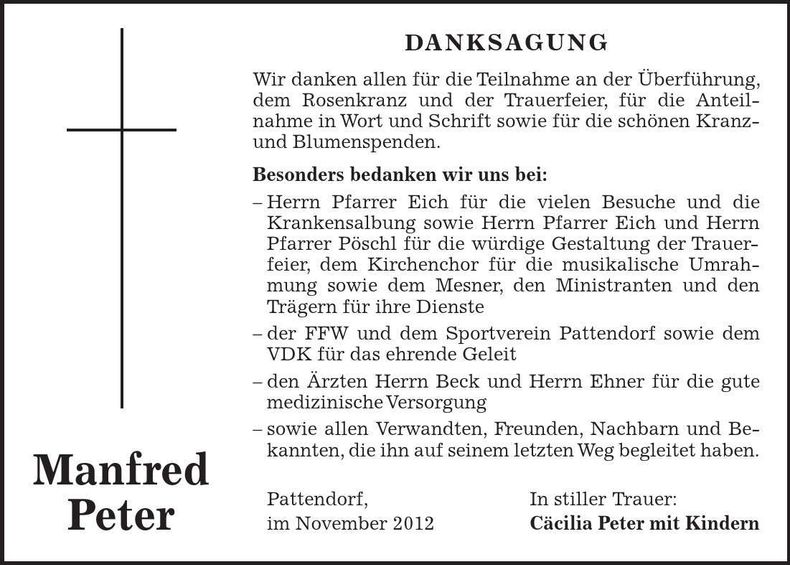 Traueranzeige Manfred Peter