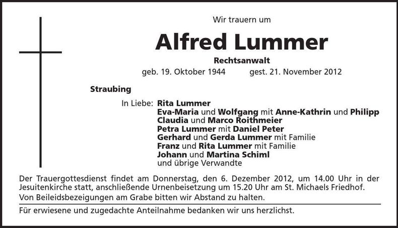 Traueranzeige Alfred Lummer