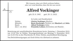 Traueranzeige Alfred Vockinger