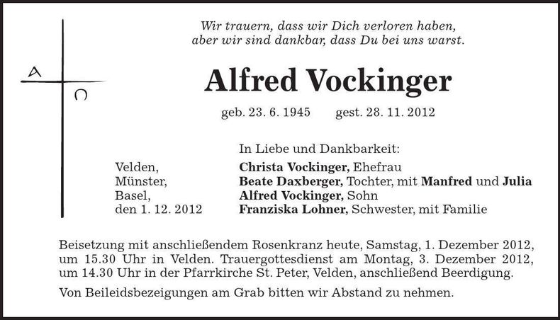 Traueranzeige Alfred Vockinger