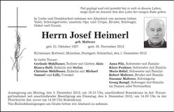 Traueranzeige Josef Heimerl