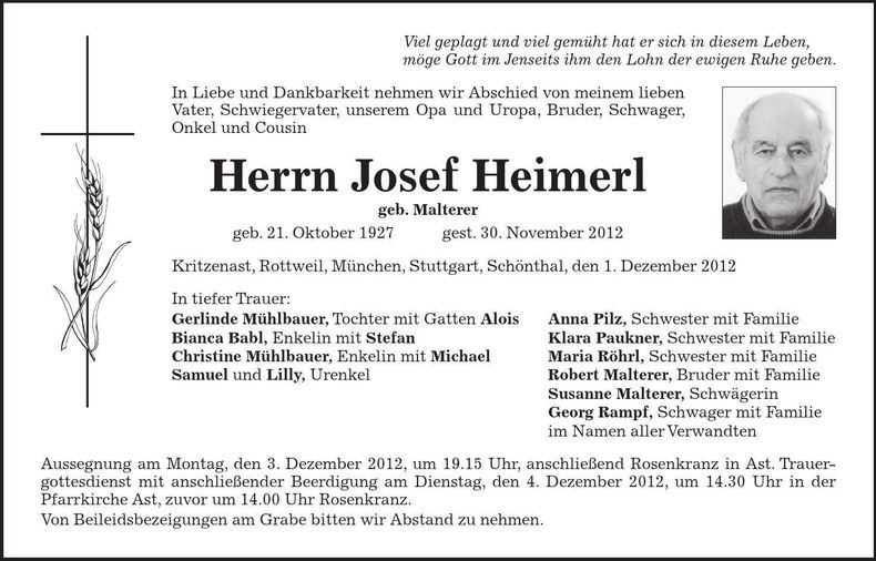 Traueranzeige Josef Heimerl