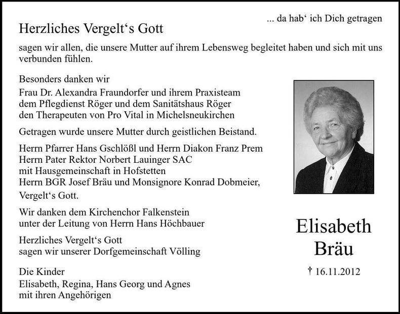 Traueranzeige Elisabeth Bräu