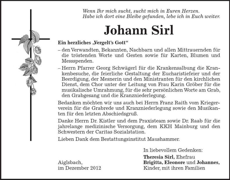Traueranzeige Johann Sirl