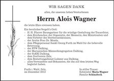 Traueranzeige Alois Wagner