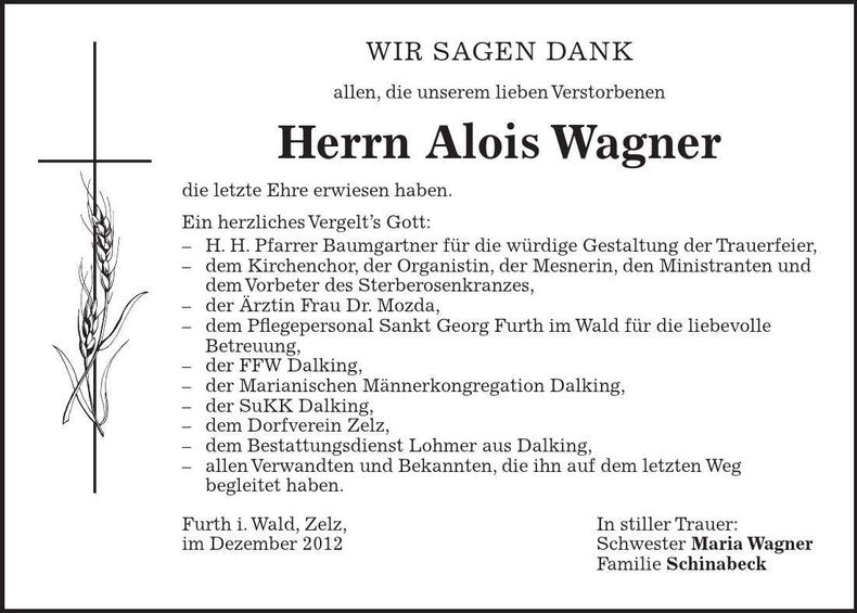 Traueranzeige Alois Wagner