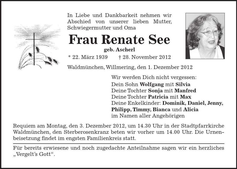 Traueranzeige Renate See