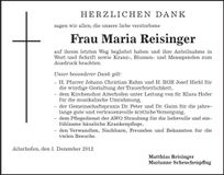 Traueranzeige Maria Reisinger